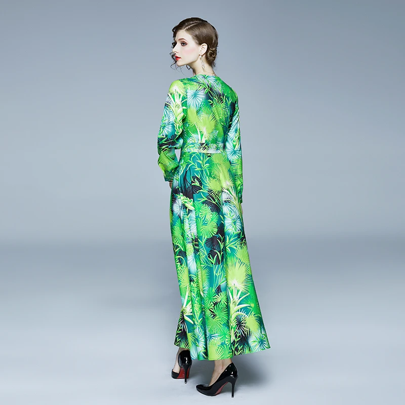 

New fashion runway designer autumn dress women v-neck long sleeve Elegant green plant Print Vintage party dress