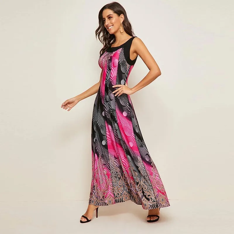 2020 Новая модная летняя пляжная юбка с круглым вырезом без рукавов принтом