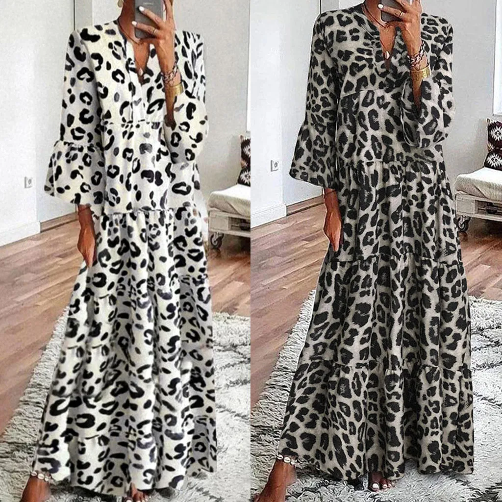 

#H40 Hepburn Style Women Long Maxi Dress V Neck Leopard Print Flare Sleeve Summer Dress Ladies Vintage Beach Party Dress Vestido