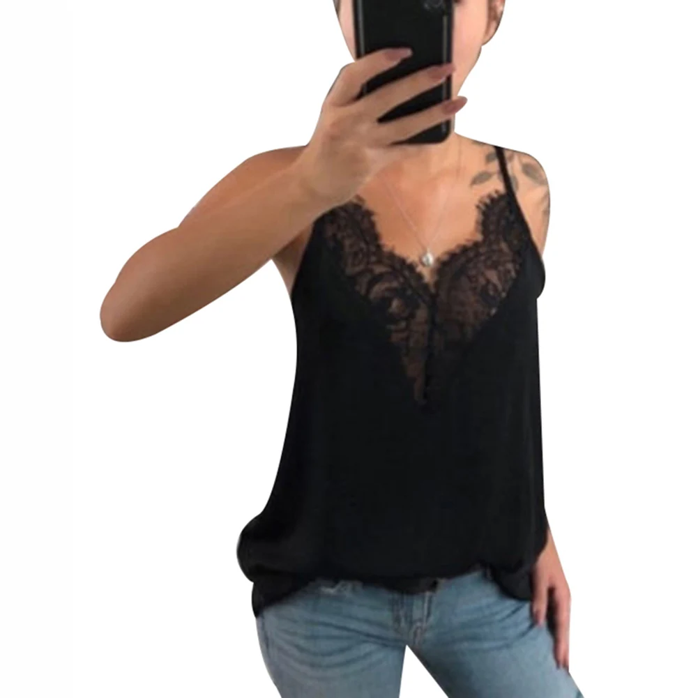 Women Lace Vest Strappy Sleeveless V Neck Loose Slim Fit Tank Tops for Summer KNG88