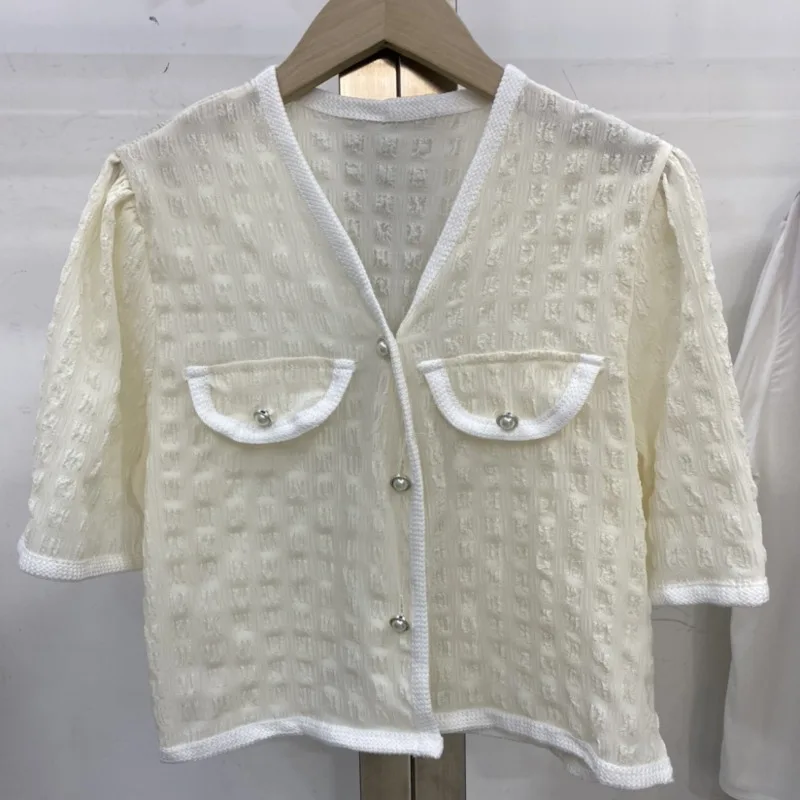 

New Shirts Women Short Sleeve Casual V-neck Summer Crop Top Korean Sweet Fashion Blusas Mujer All-match Blouses Femme Outwear