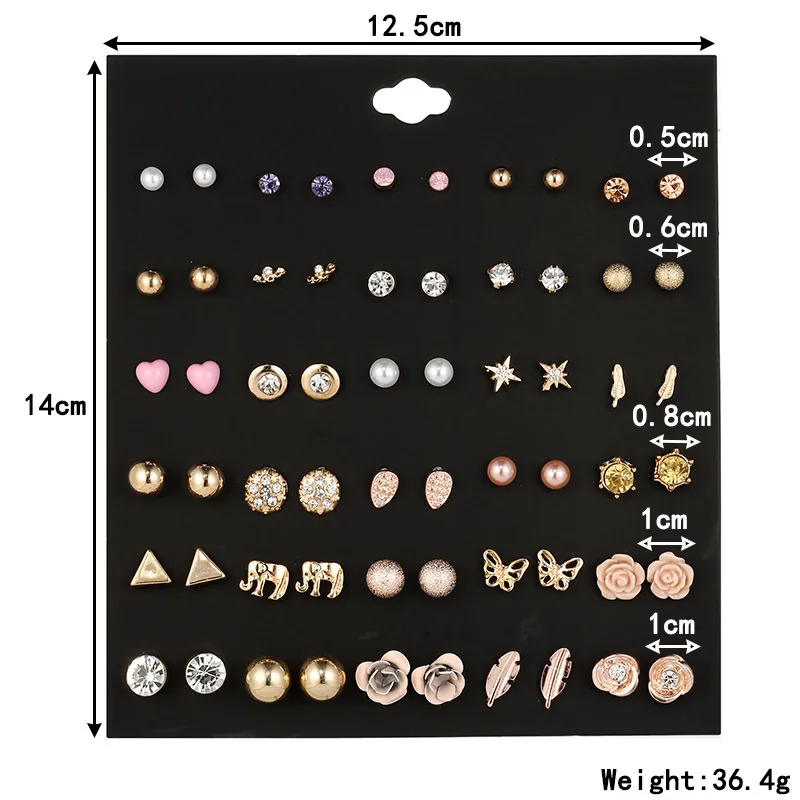 30 пар/уп. модные серьги-гвоздики наборы для женщин Слон Бабочка цветок перо