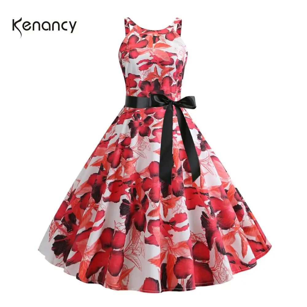 Женское винтажное платье без рукавов Kenancy трапециевидной формы с цветочным