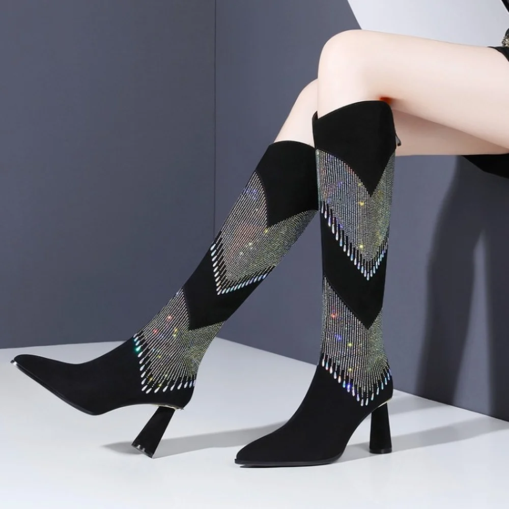 

Женские замшевые кожаные Стразы с кисточками, шикарные сапоги до бедра, обувь на высоком каблуке-шпильке, роскошные привлекательные сапоги ...