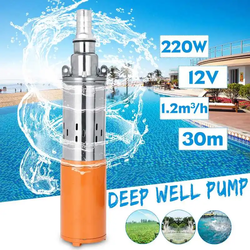 

12V DC Solar Deep Well Pump 220W Max Lift 30m Flow 20L/min Screw Submersible Pump for Irrigation Garden Home Agricultural