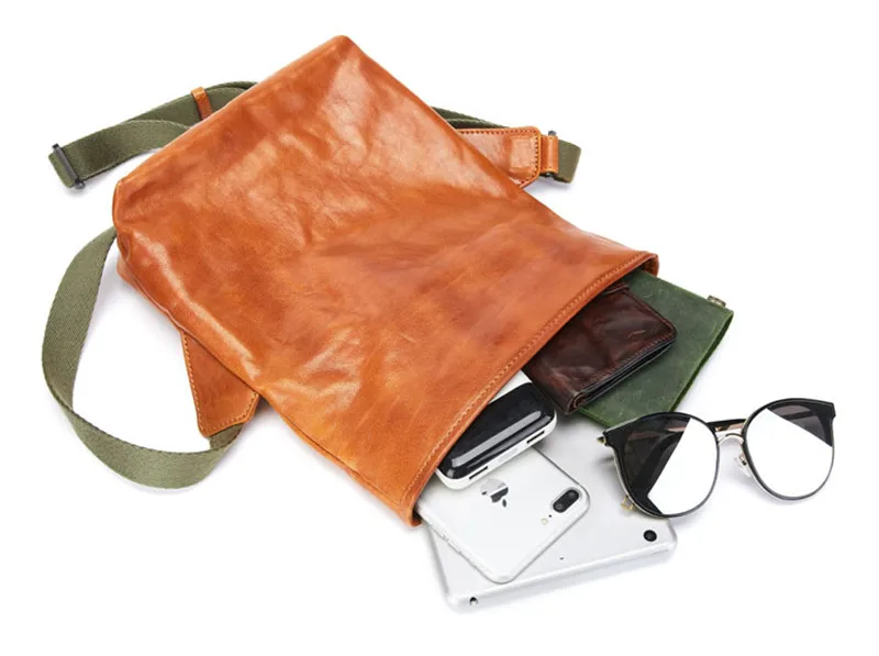 Retro fashion designer natural genuine leather men's shoulder bag daily weekend work youth rivet cowhide messenger bag