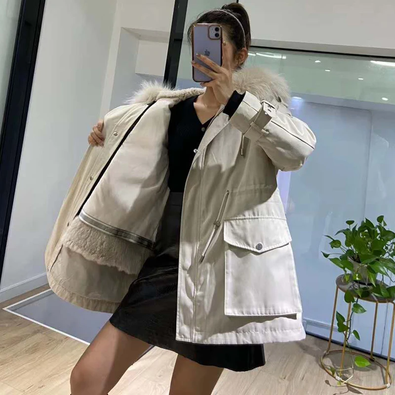 

parka Thick real warm fur jacket women coat winter hooded with raccoon dog fur collar plus size clothes Collect waist jackets