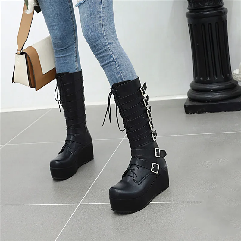 

Winter Gothic Punk Womens Platform Boots Black Buckle Strap Lace Up Creeper Wedges Shoes Mid Calf Military Combat Boots