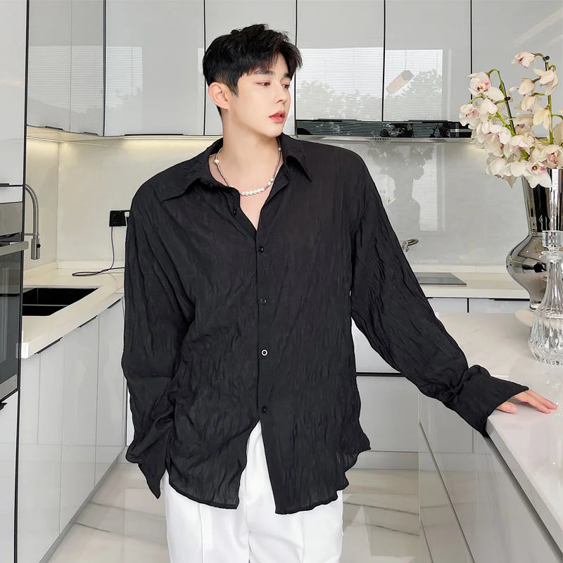 

Neploha Men Long Sleeve Shirts Men Korean Style Solid Color Shirt Sprint Autumn Irregular Pleated Fabric Male Fashion Shirts
