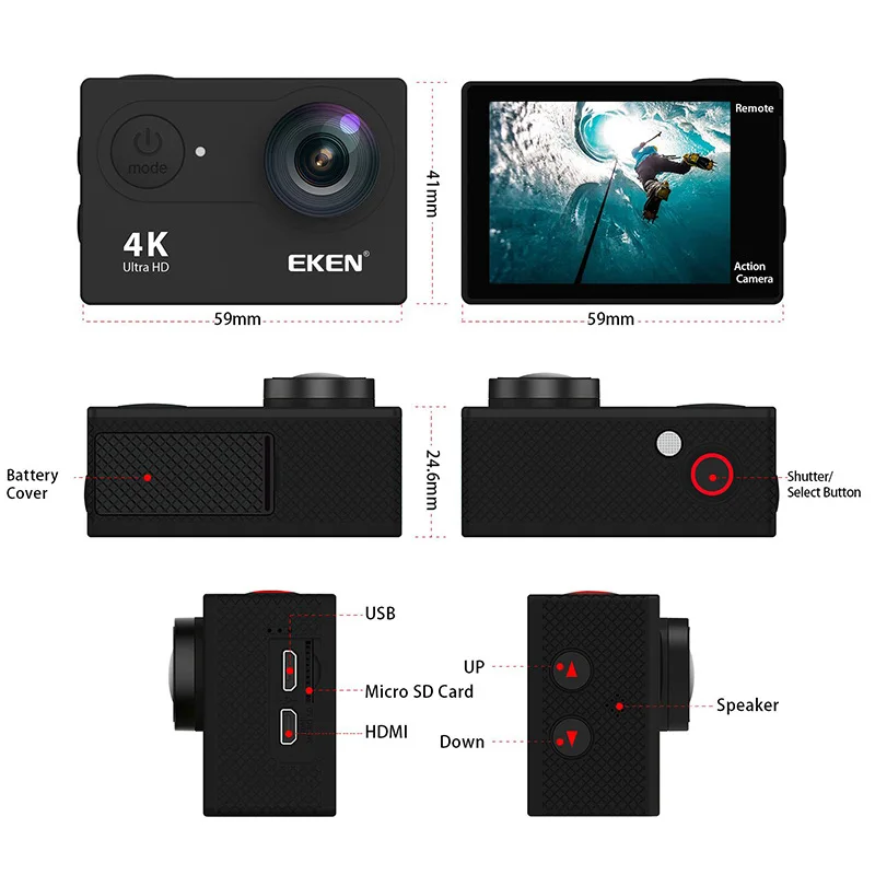 Продажа Оригинальная Экшн-камера Eken H9R, Ultra HD, 4K, 30fps, Wi-Fi, 170D, водонепроницаемая Спортивная камера для шлема с видеозаписью