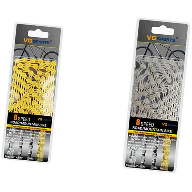

Vg Sports 2 шт. 8 цепь для скоростного велосипеда половинчатая велосипедная цепь, полые цепи, сверхлегкие 116L-серебристые и золотистые