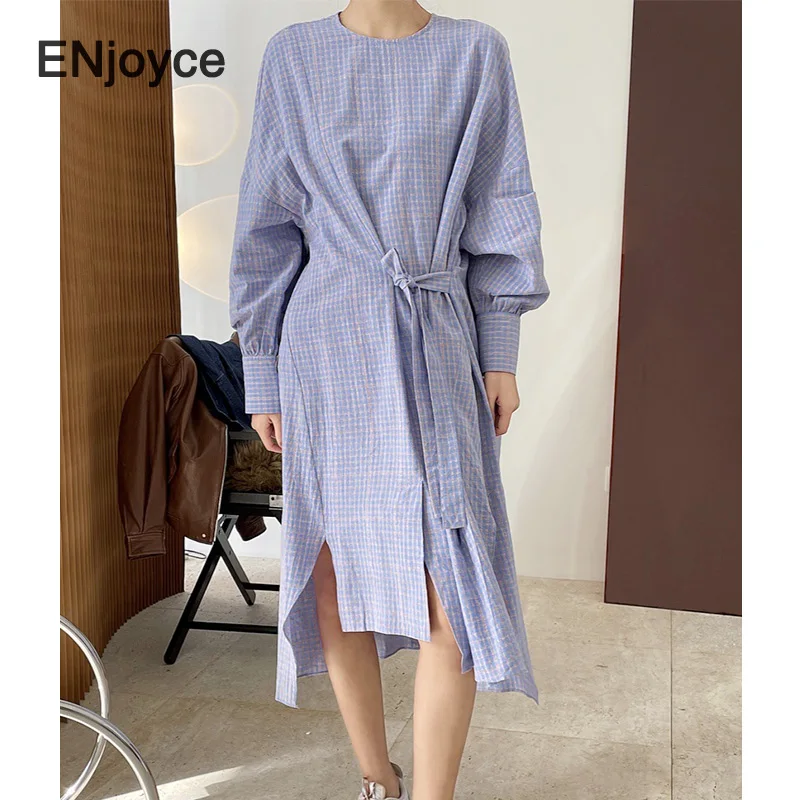 

Women Fashion New Design Plaid Maxi Dress with Belt Korean Style Loose Casual Round Neck Long Sleeve A-line Drsses Spring 2021