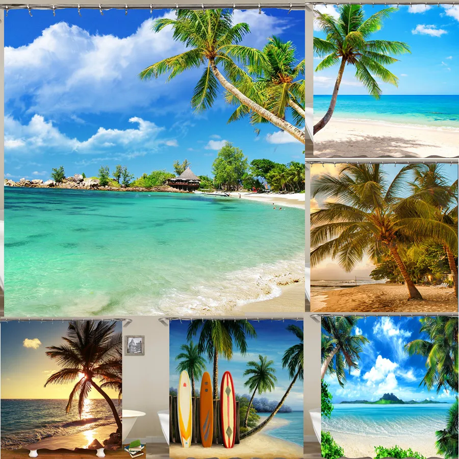 Шторы для душа с кокосовым деревом водонепроницаемые занавески пляжные в ванную