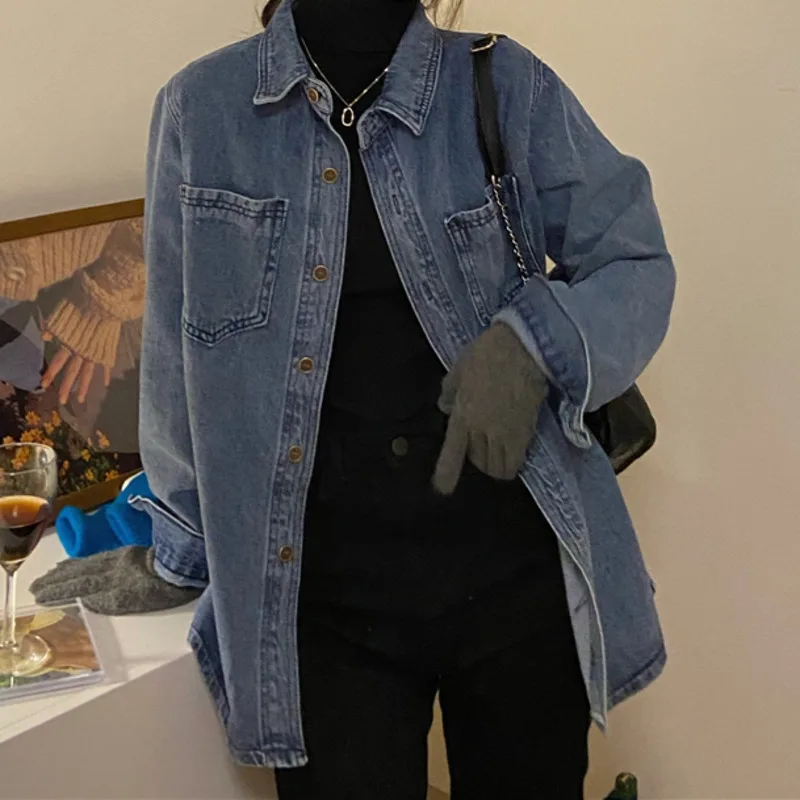 

Толстое пальто, универсальная женская одежда на осень и зиму, новинка 2021, модный Свободный Повседневный джинсовый топ с длинным рукавом в Ко...