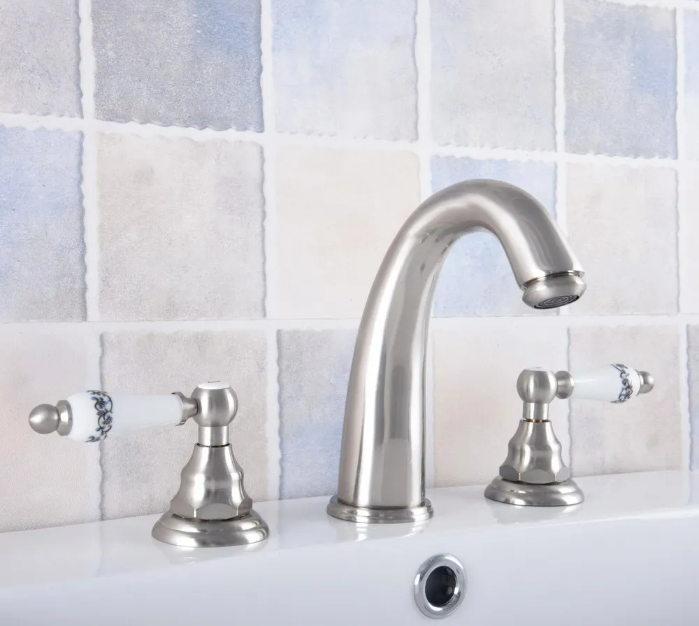 

Матовый никелевый латунный Смеситель для раковины с двумя ручками и широким краном для ванной комнаты с 3 отверстиями смесители для воды mnf692