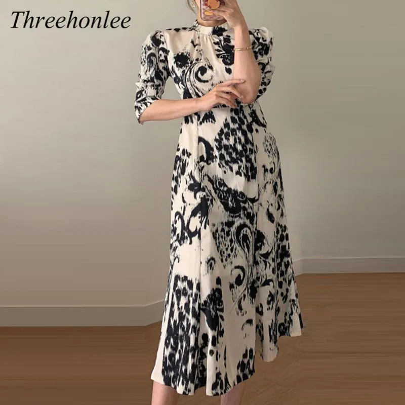 

Женское платье с воротником-стойкой, длинное винтажное вечернее платье с полурукавами и принтом, в Корейском стиле, осень 2021