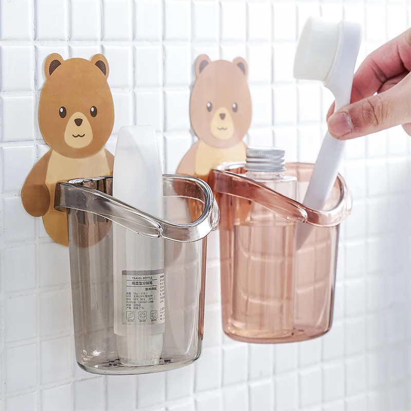 

Toothbrush Holder Punch-free Wall Mounted Cup Bear Stickers Bathroom Storage Rack Bathroom Organizer Accessories