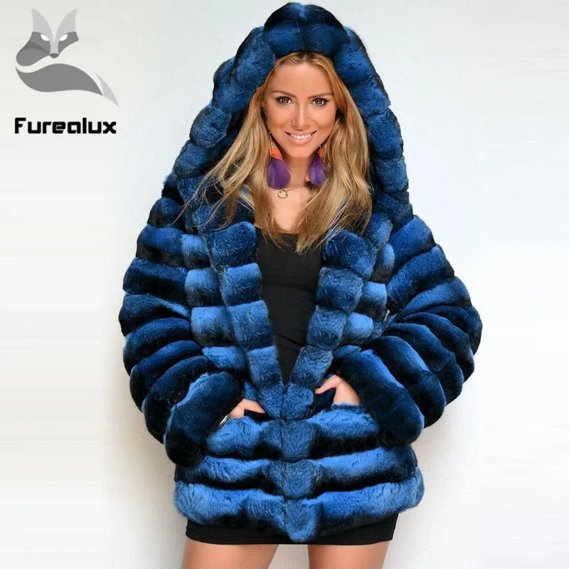 2019 синее пальто из натурального кроличьего меха с капюшоном Женская длинная
