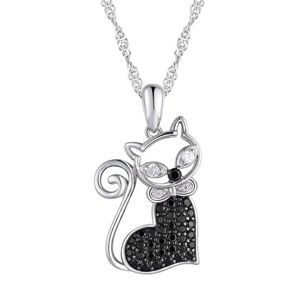 

GZ ZONGFA Natural Black Spinel 925 Sterling Silver Pendant Necklace Cute Elegant Small Cat Women Jewelry