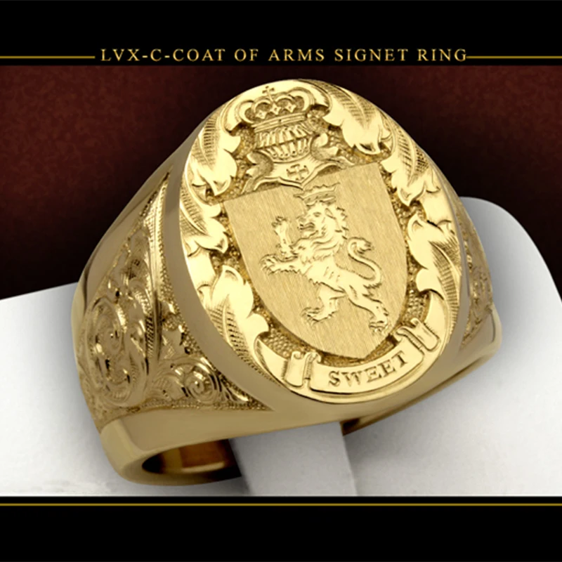 

FDLK Luxury Gold Plated Coat of Arms Sweet Signet Engraved Ring For Mens Womens Hip Hop Dance Party Court Style Jewelry Gift