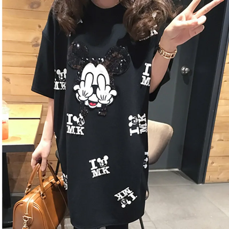 XL-5XL, подиумная футболка, платье, sequines, футболка, повседневная, с мультяшным принтом, женская футболка, топы, большие размеры, Черная Футболка, большой размер