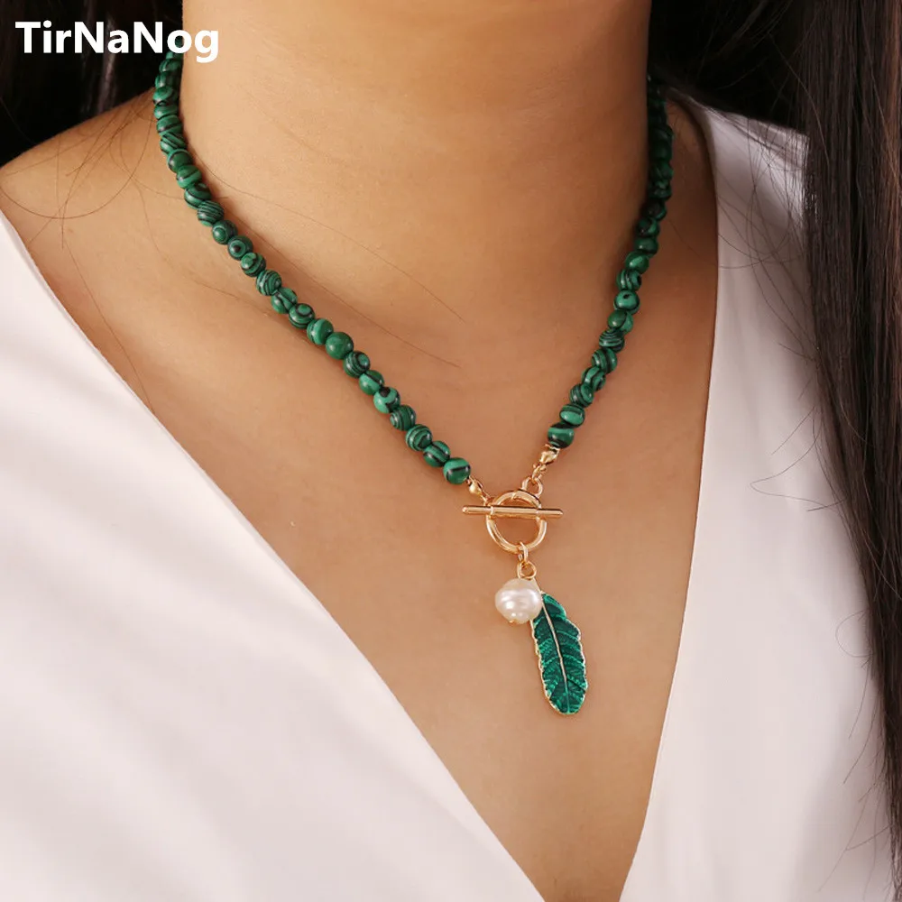 COLLAR COLGANTE verde con perlas y hojas para mujer, colgante verde, Estilo vintage