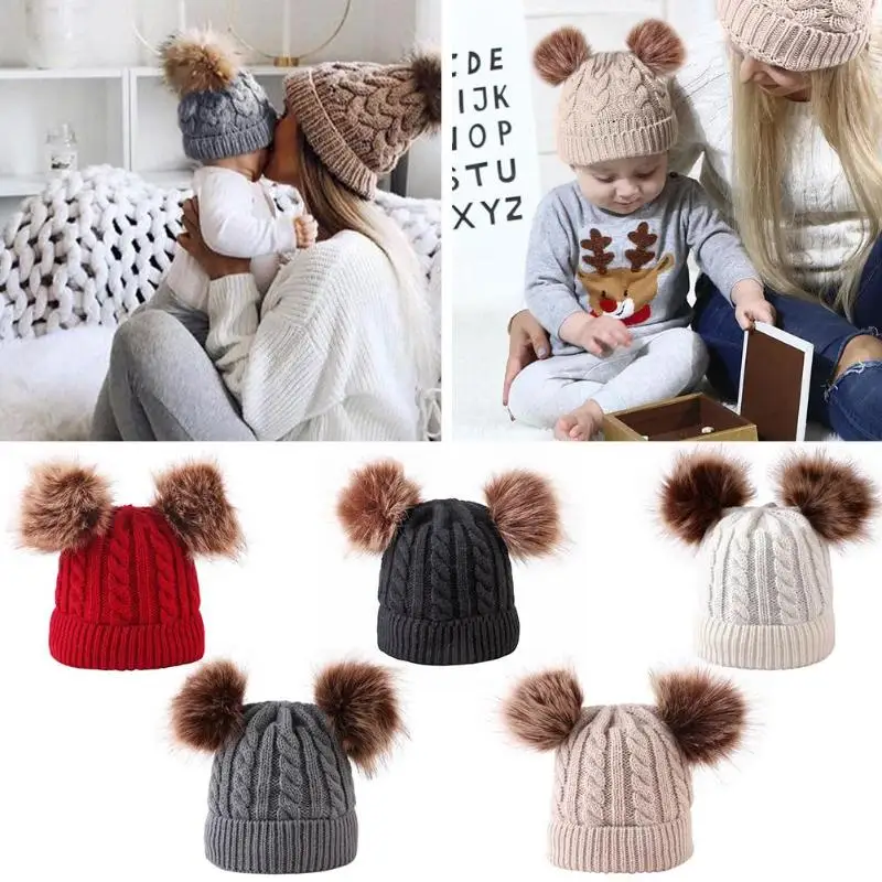 

Зимние детские шапки, вязаная шапочка для мальчиков и девочек, теплая плотная детская шапка, милая меховая шапка с двойным помпоном, вязаные...