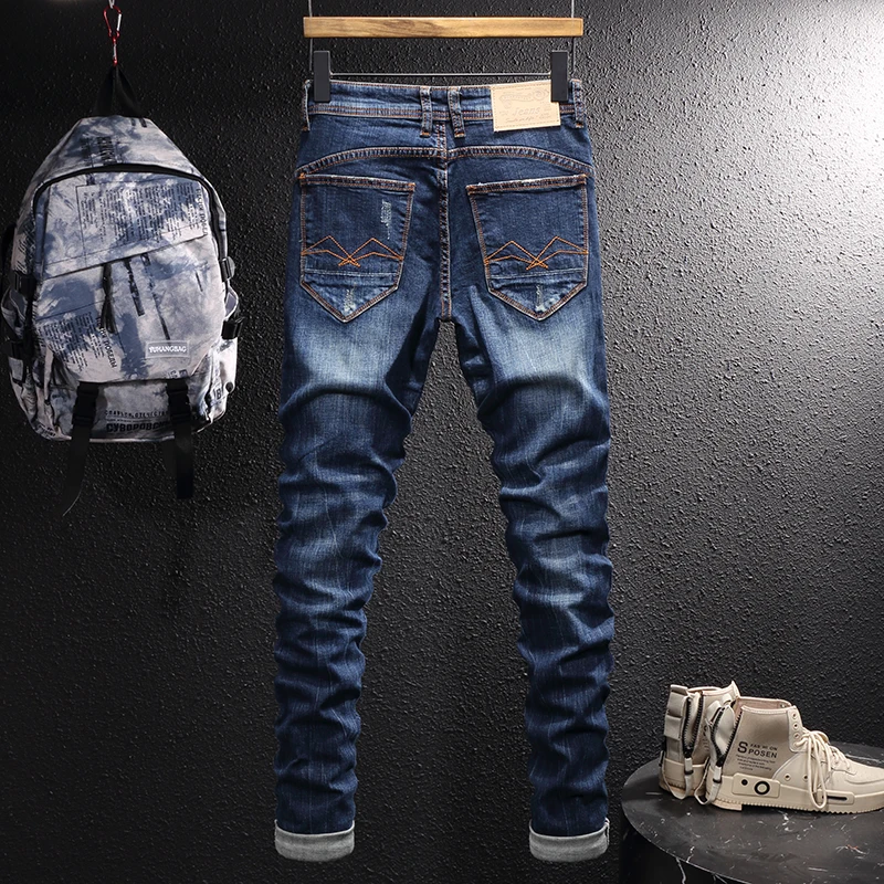 American Street Style Fashion Men Jeans Retro Blue Elastic Slim Fit Ripped Jeans Men Embroidery Designer Hip Hop Denim Pants