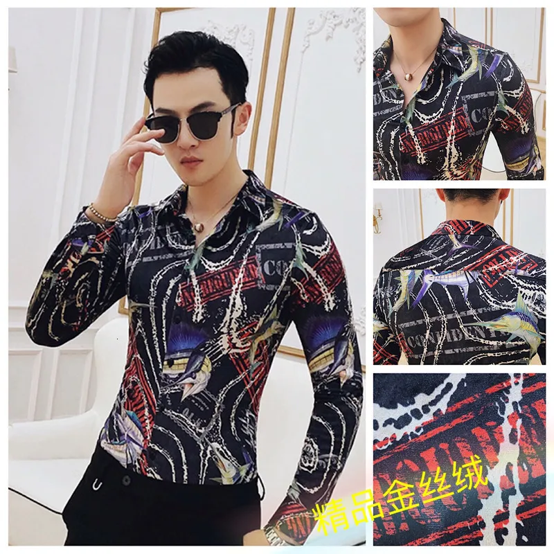 

Men Luxury Velour Shirt Long Sleeve Casual Slim Fit Shirts Men Dress 2019 Autum Winter Keep Warm Printing Social Chemise Homme