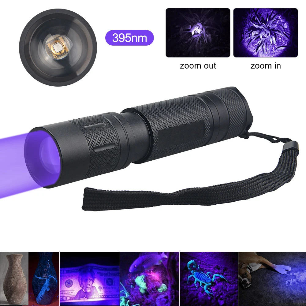 

LG 5W LED UV395nm Ultraviolet Blacklight Flashlight Telescopic Zoom Portable Purple Invisible Linterna Carpet Pet Urine Detector