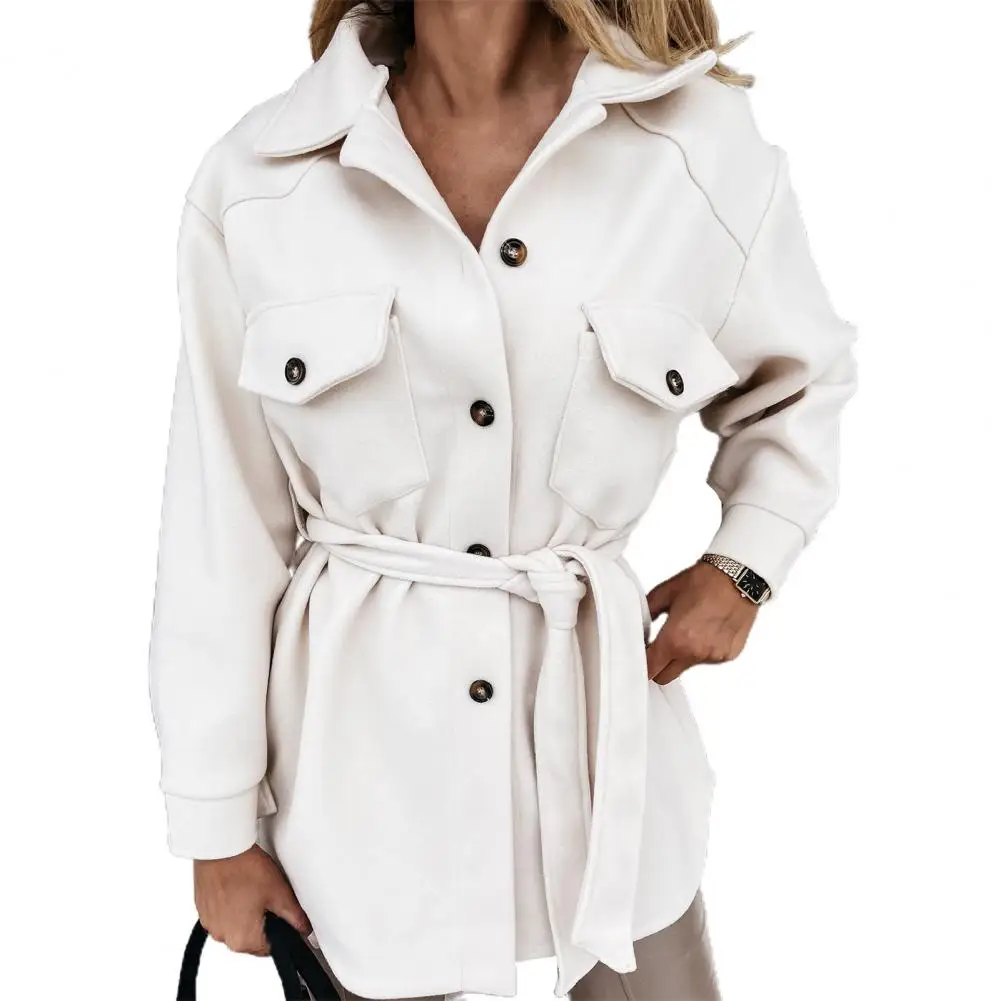 

Autumn Women's jacket Turn-down Collar Coat Single Breasted Flap Pockets Warm Woolen Coat Outerwear Winter