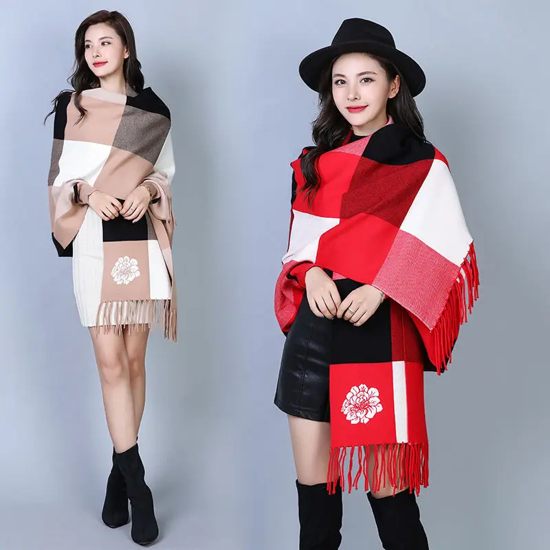 Клетчатая рубашка летучая мышь с рукавами свитер накидка женский свободный