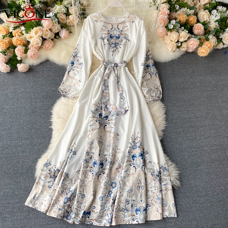 

VICONE Dress Female 2020 New Retro Print Puffed Sleeves Dresses