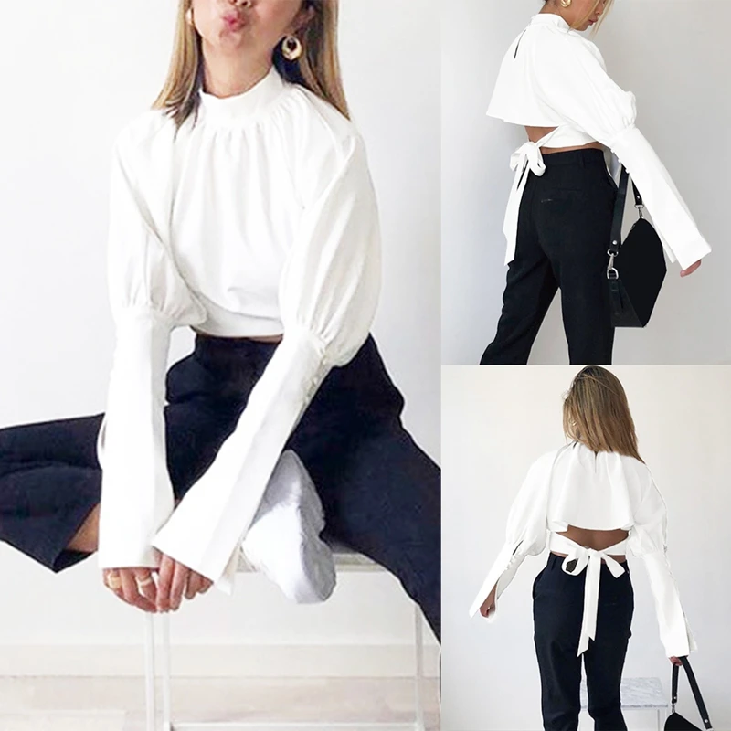 

Open Back O-Neck White Sexy Top Women's Autumn Long-Sleeved Split Fashion Back Strap Top