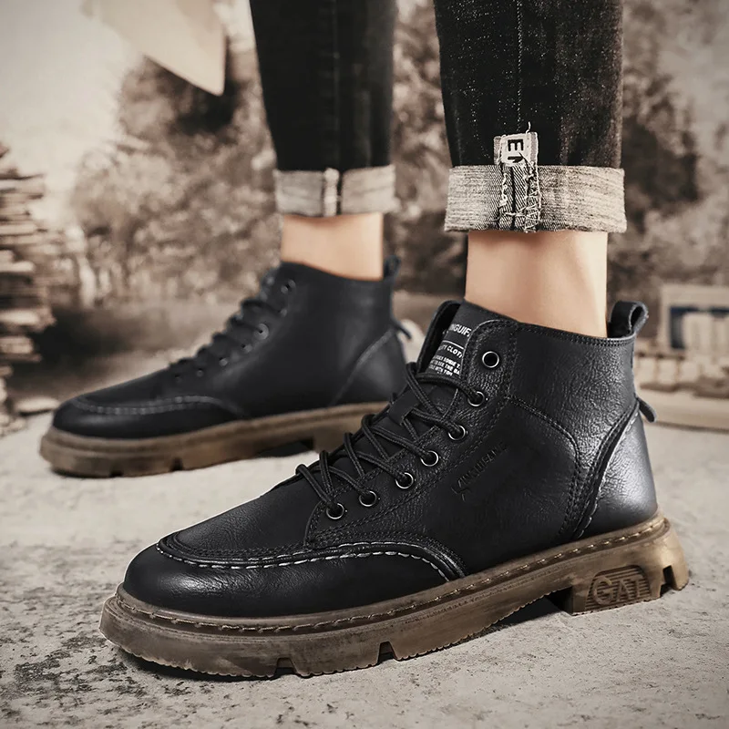

PU Leather Men Martin Boots Fashion High Top Lace-Up Casual Shoes Comfortable Wear-Resisting Male Non-Slip Ankle Boots