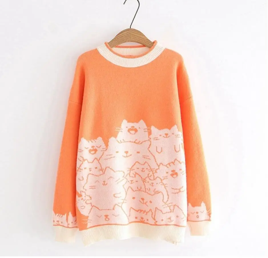 Crowded cats pattern o-neck pullover sweater female S28798-AQ | Женская одежда