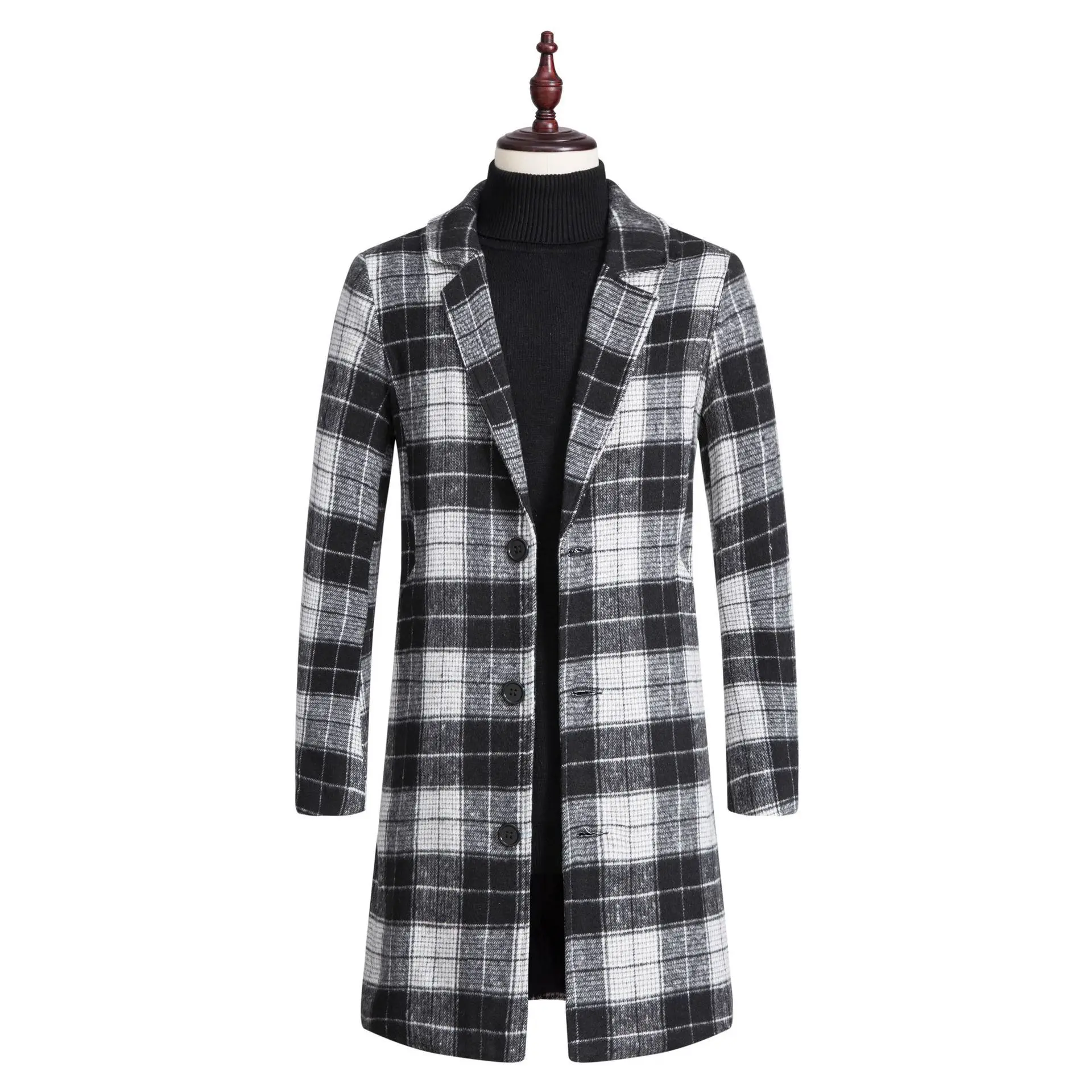 2021 New Men's Stand Collar Windbreaker Mid-length Wool Coat Jacket Grid Pattern Notch Lapel Coat S-2XL