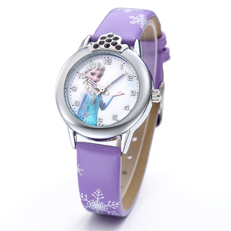 Girl Purple JOYROX Princess Elsa Pattern Girls Watch Cartoon Spiderman Boys Watches Leather Strap Wristwatch Kids Clock reloj de mujer - Цвет: Girl Purple