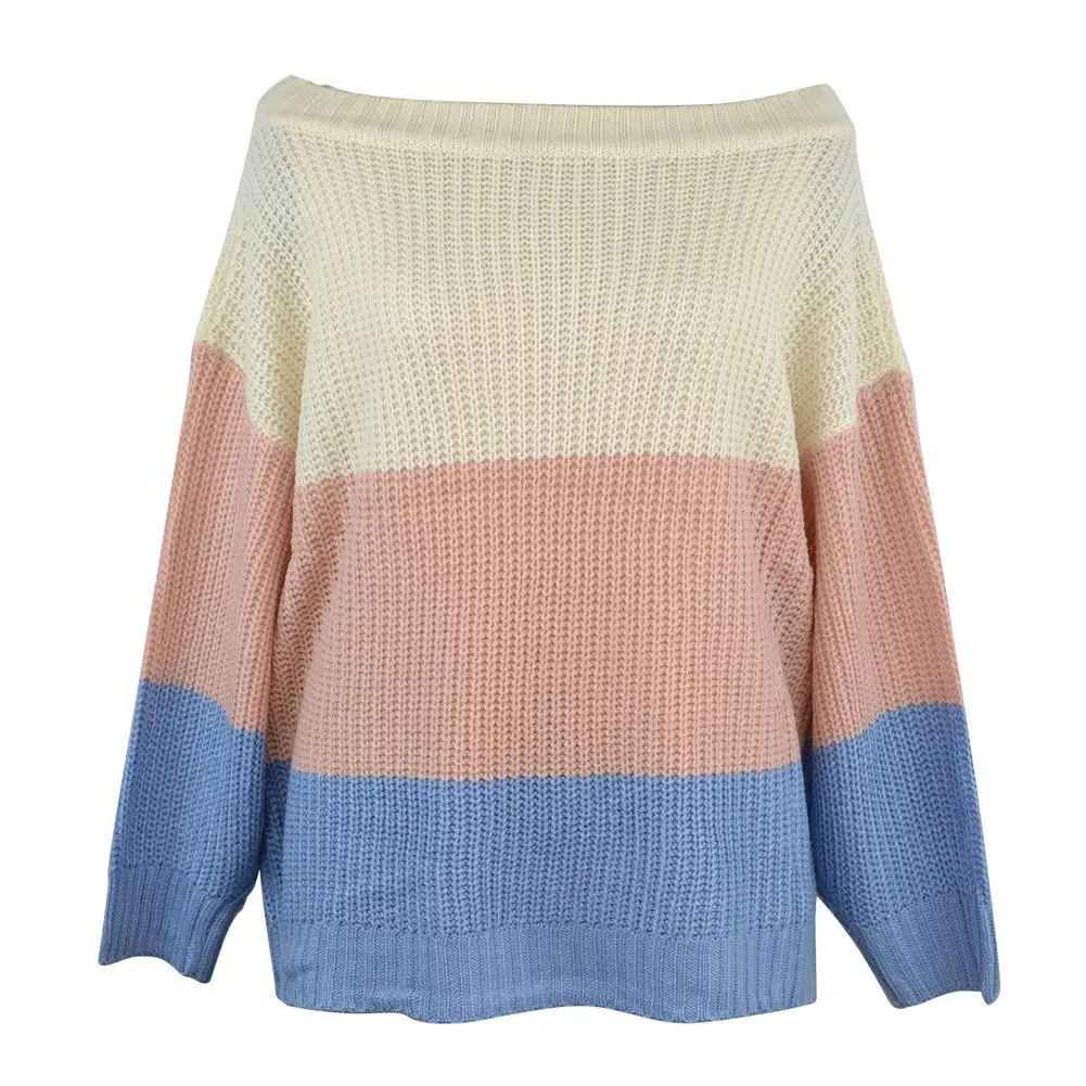 

Женский вязаный джемпер с открытыми плечами, пуловер с длинным рукавом, свитер, женский полосатый свитер с блокировкой цвета, свитер с одной...