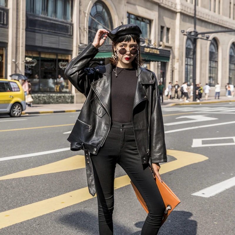 

Women's Black Leather Jacket With Belt Spring 2021 Korean Loose Motorcycle Faux PU Leather Casual Plus size Streetwear Outerwear