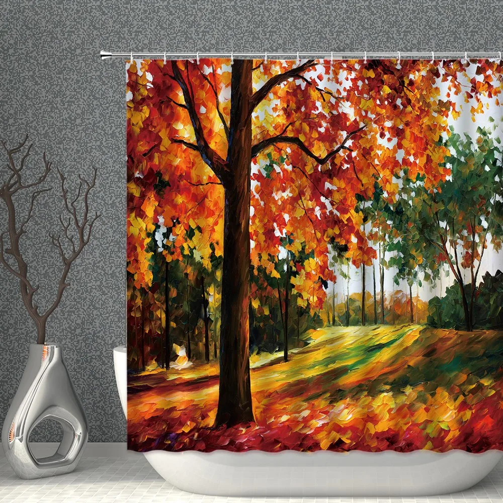 

Oil Painting Landscape Shower Curtain Bathroom Accessories Waterproof Polyester Fabric Household Background Decoration With Hook