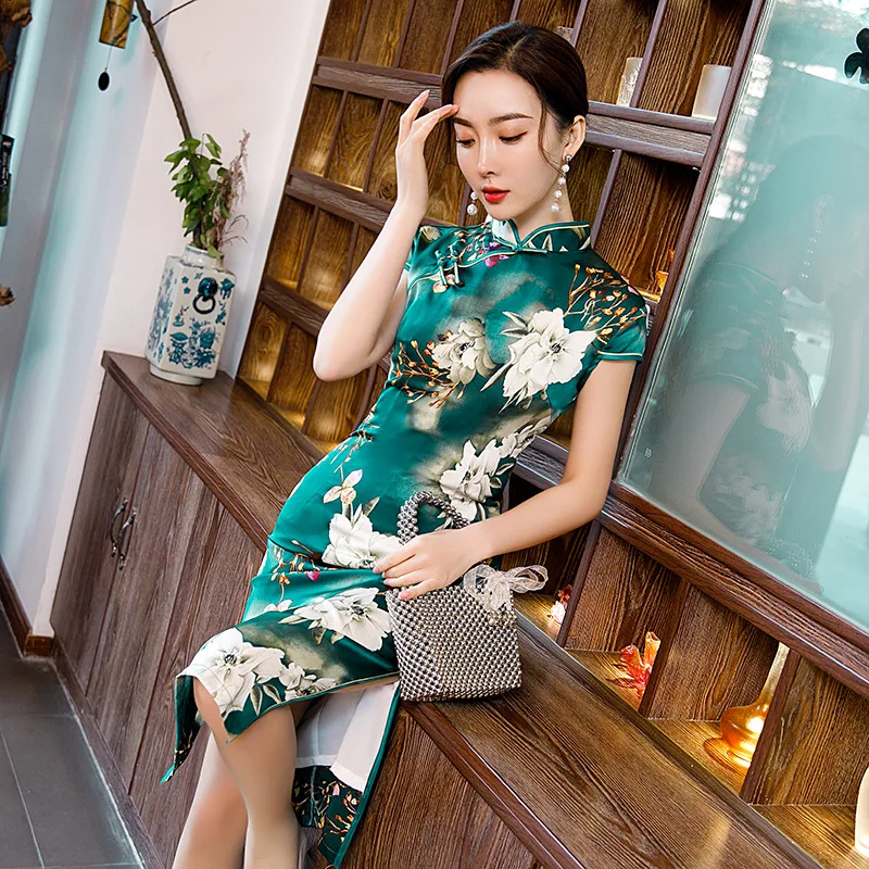 2020 новая весенняя одежда шелка средней Длина Винтаж платье Чонсам ежедневно из