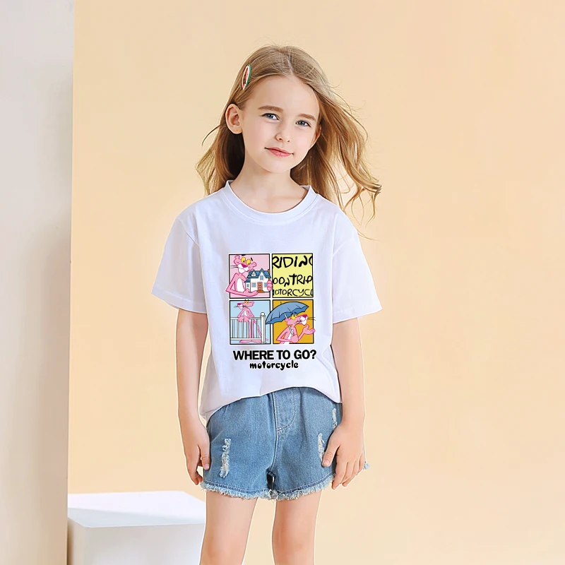 

Summer Kpop Cotton Kids T-shirt Harajuku Anime Pink Panther Print Boys/Girls Tops Korean Cartoon Cute Short-Sleeved Kids Clothes