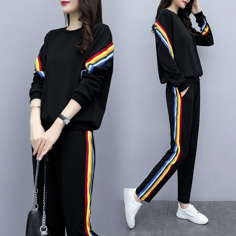 

Spring 2021 Women New Leisure Suit Big Yards Pullover Hoodies Sweatshirt Pants Rainbow Stripe Decor Casual Outfit 2 Pcs Set