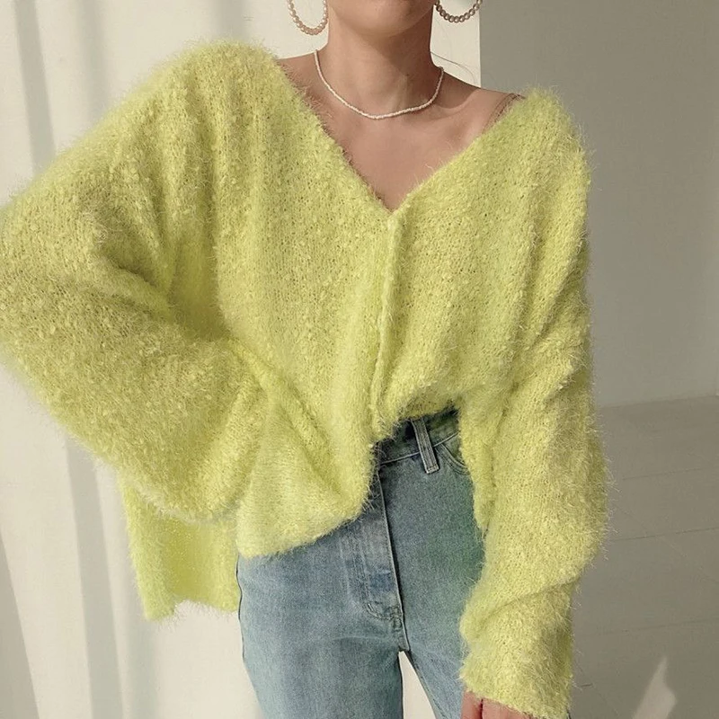 Женский мохеровый свитер корейский стиль однобортный вязаный кардиган с