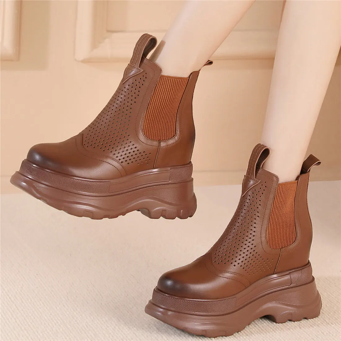 Breathable Fashion Sneakers Women Slip On Genuine Leather High Heel Ankle Boots Female Chunky Platform Pumps Shoes Casual Shoes