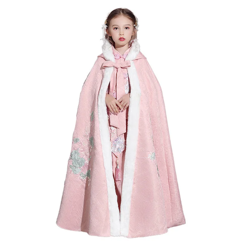 Розовая накидка Hanfu для девочек зимняя новая Длинная с вышивкой китайская