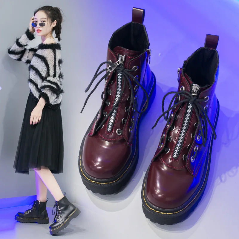 Женские ботильоны ботинки на плоской платформе со шнуровкой женская обувь сезон