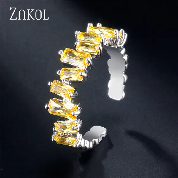 ZAKOL, европейский стиль, регулируемые кольца, талисманы, Женские Ювелирные изделия, уникальный прямоугольник, кубический циркон, кольца на палец для свадьбы, FSRP2003 - Цвет основного камня: Yellow
