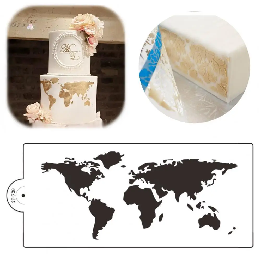 

Creative Cake Stencil World Map Pattern Bakeware PET Cookies Fondant Cutting Die for Bakery Birthday Cake Decorating Supplies